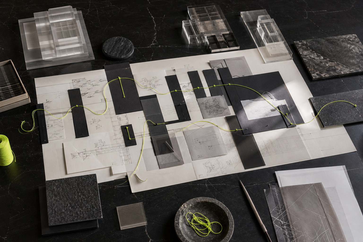 A tactile business process map connected by a chartreuse thread